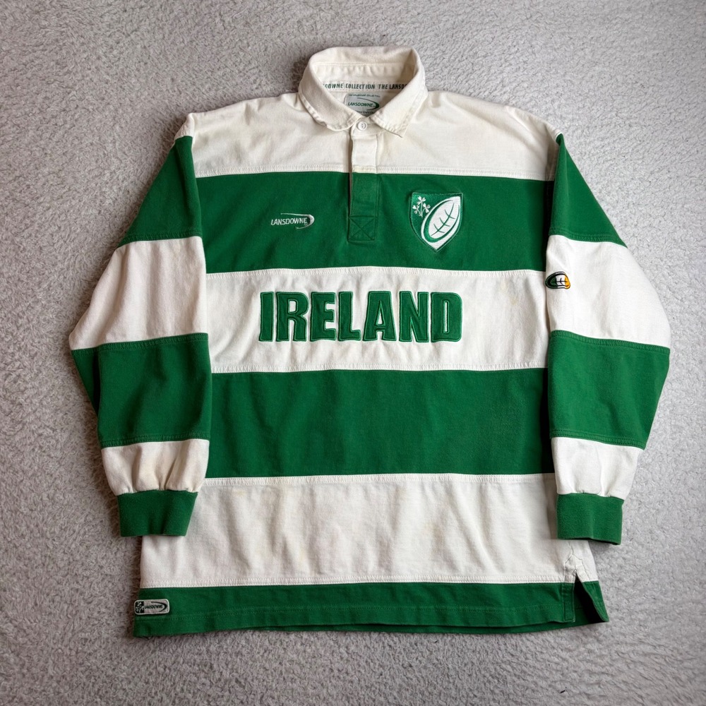 Lansdowne Vintage Ireland Rugby Shirt Mens Large Green White Striped Jersey